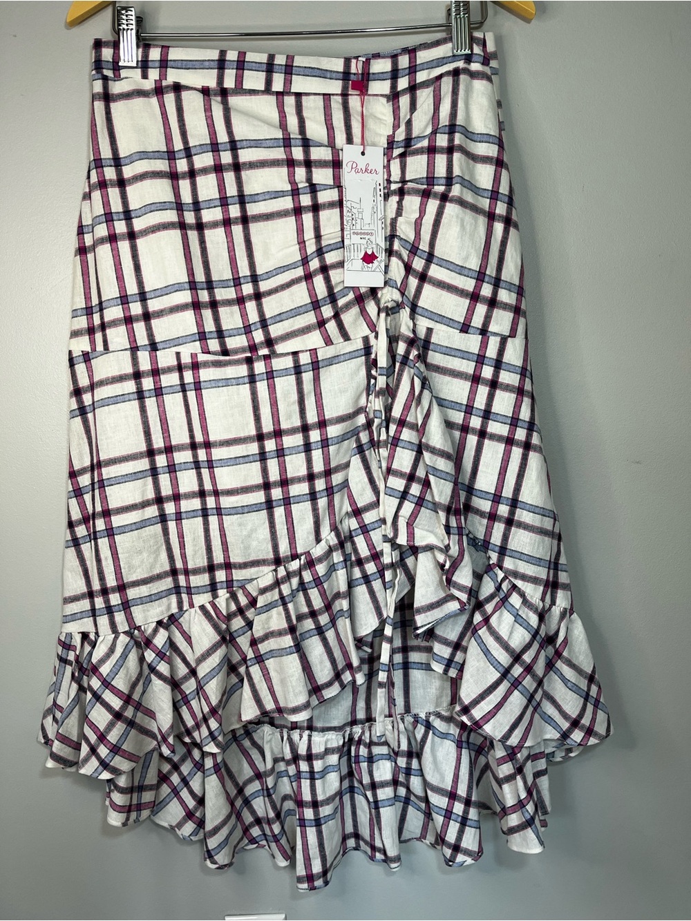 NWT Parker Linen-Cotton Plaid Hi-Low Ruffled Shirred Women’s Size 8